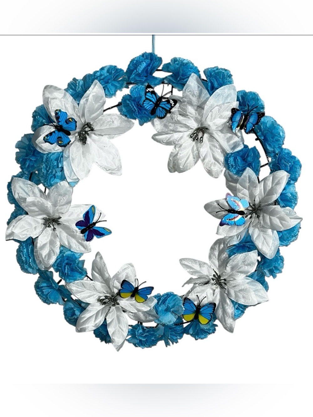 Blue & White Holiday Wreath with Butterfly Accents Hand Crafted - Picture 8 of 16